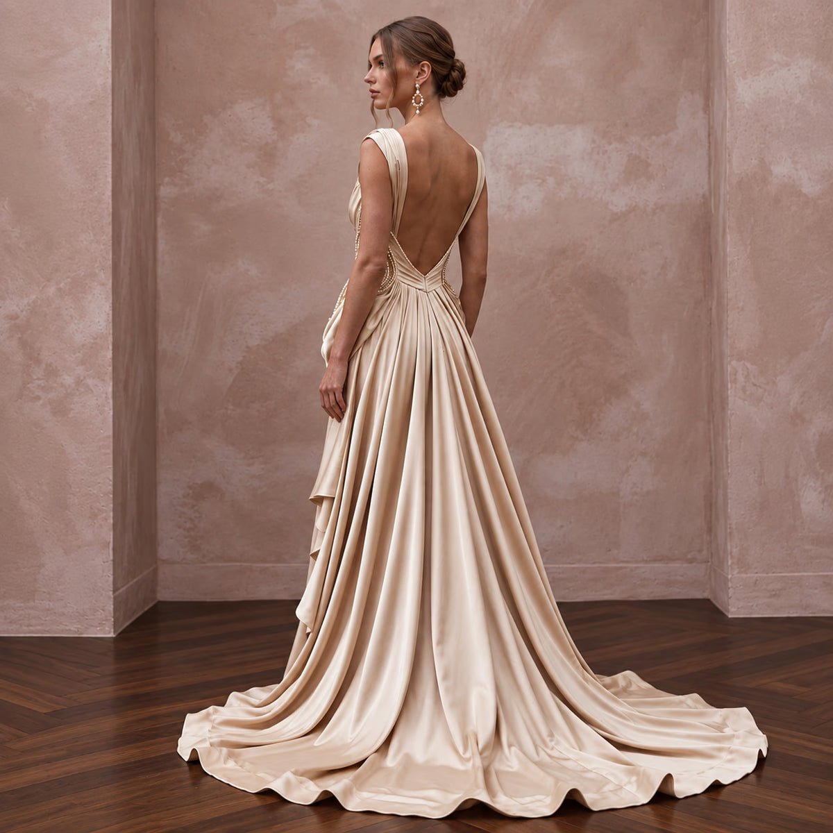 Champagne Heavy Satin Draped Grecian Goddess Wedding Dress