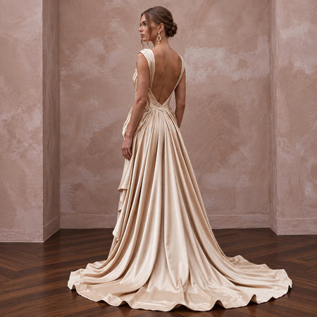 Champagne Heavy Satin Draped Grecian Goddess Wedding Dress