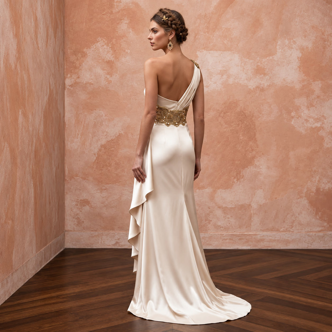 Champagne Heavy Satin Draped Grecian Goddess Wedding Dress Secondary image