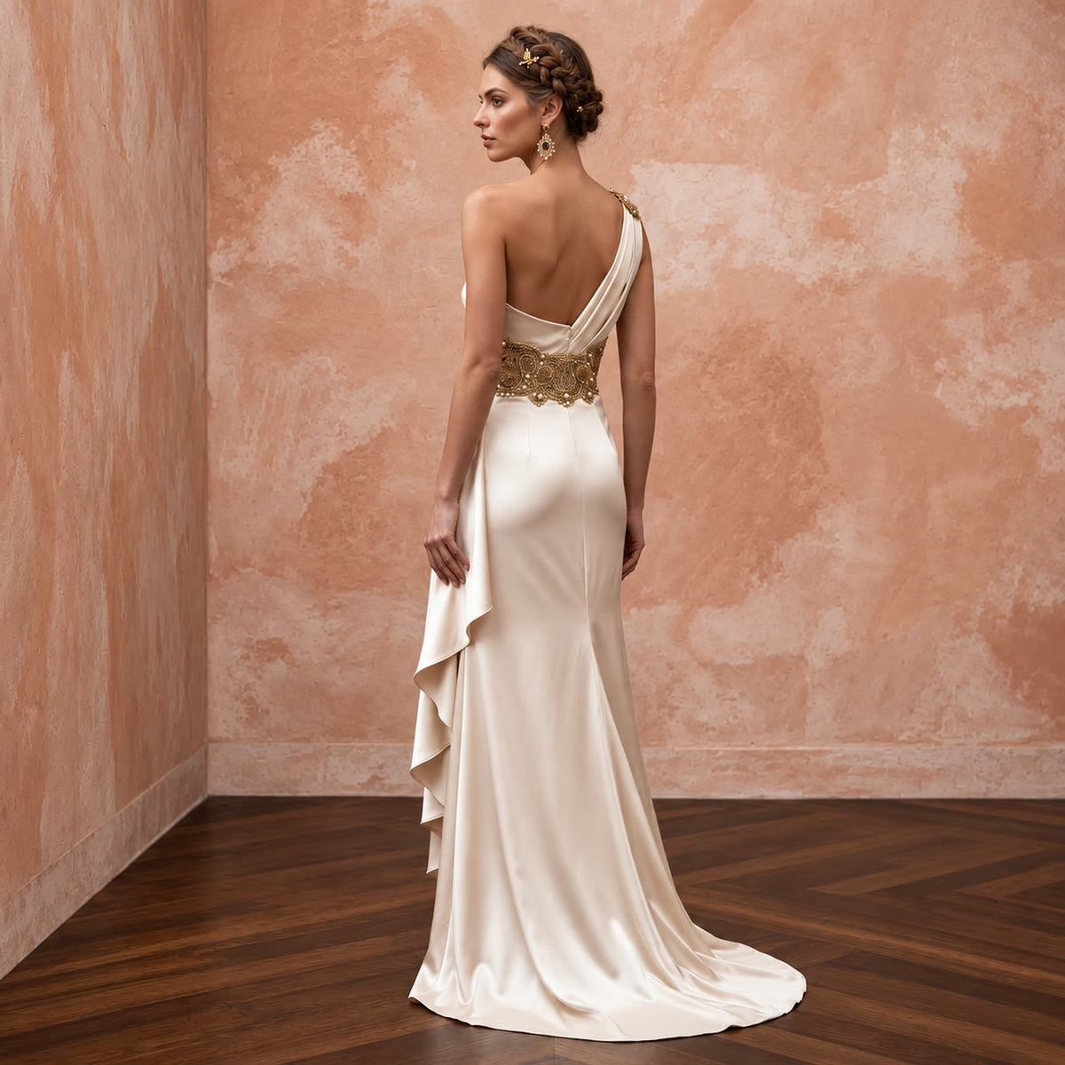 Champagne Heavy Satin Draped Grecian Goddess Wedding Dress