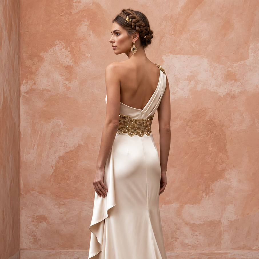 Champagne Heavy Satin Draped Grecian Goddess Wedding Dress