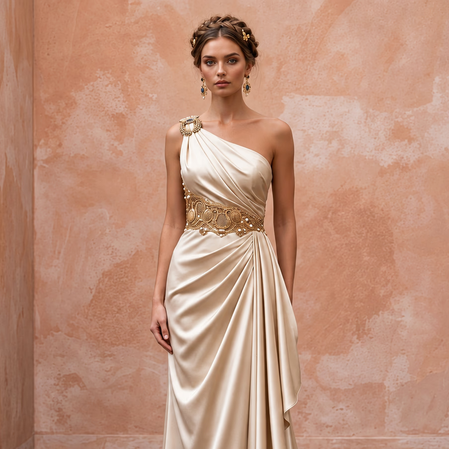 Champagne Heavy Satin Draped Grecian Goddess Wedding Dress