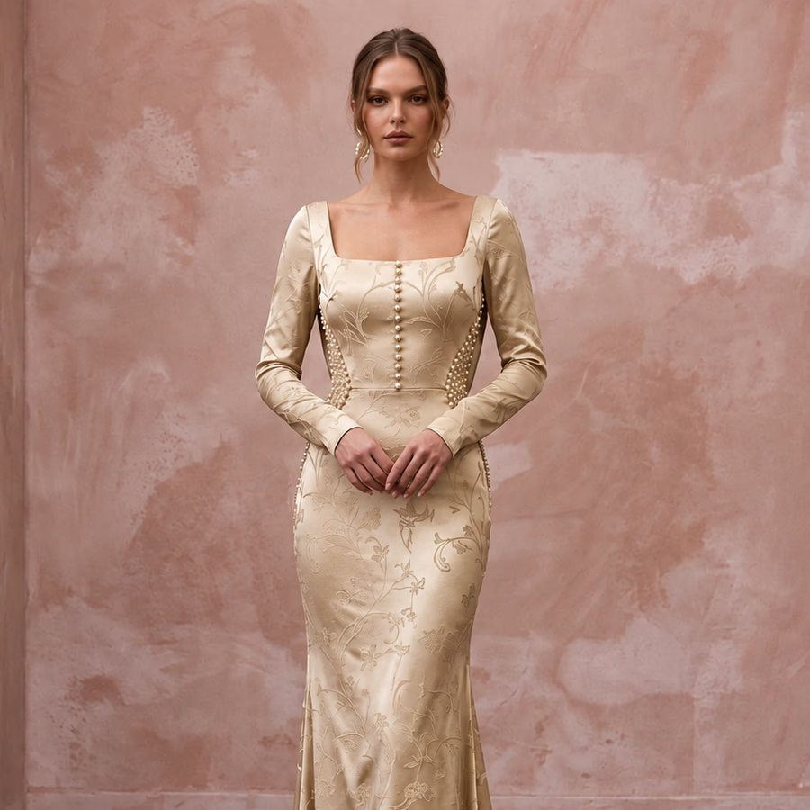 Champagne Liquid Satin Cowl Back Long Sleeve Wedding Gown - Apparel & Accessories > Clothing > Wedding & Bridal Party Dresses > Wedding Dresses - Mignonette Bridal