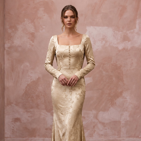 Champagne Liquid Satin Cowl Back Long Sleeve Wedding Gown - Apparel & Accessories > Clothing > Wedding & Bridal Party Dresses > Wedding Dresses - Mignonette Bridal