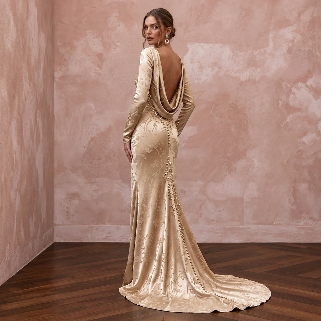 Champagne Liquid Satin Cowl Back Long Sleeve Wedding Gown - Apparel & Accessories > Clothing > Wedding & Bridal Party Dresses > Wedding Dresses - Mignonette Bridal