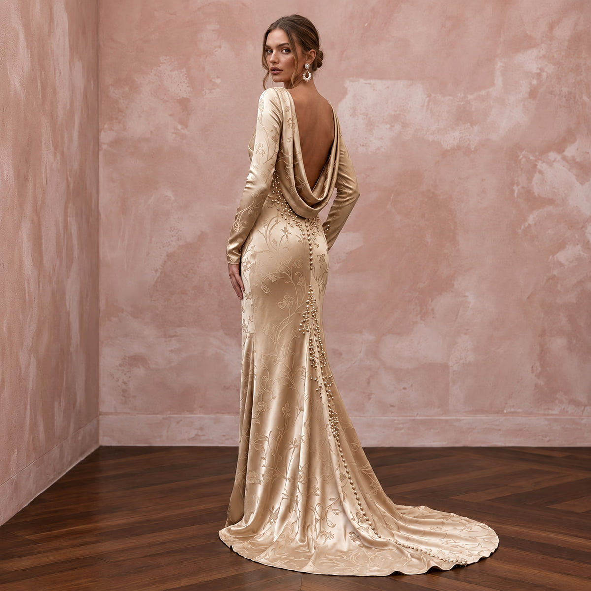 Champagne Liquid Satin Cowl Back Long Sleeve Wedding Gown - Apparel & Accessories > Clothing > Wedding & Bridal Party Dresses > Wedding Dresses - Mignonette Bridal