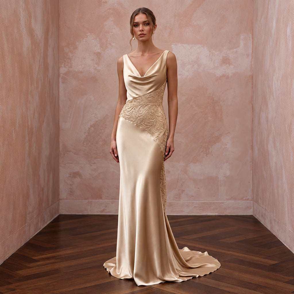 Champagne Liquid Satin Cowl Neck Bias Cut Slip Bridal Gown