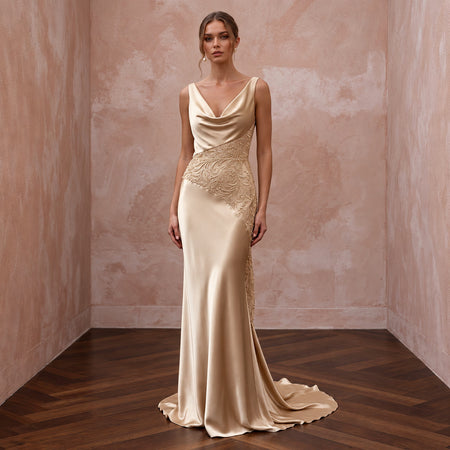 Champagne Liquid Satin Cowl Neck Bias Cut Slip Bridal Gown
