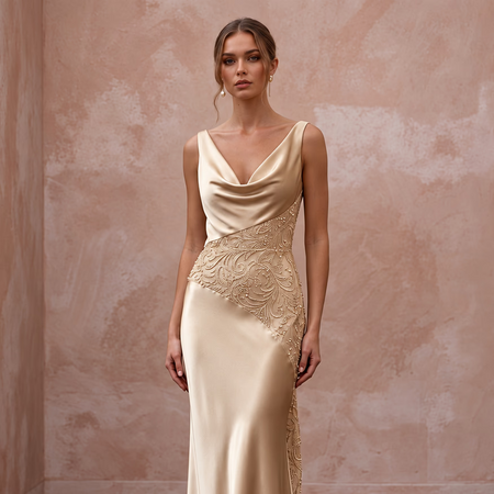 Champagne Liquid Satin Cowl Neck Bias Cut Slip Bridal Gown