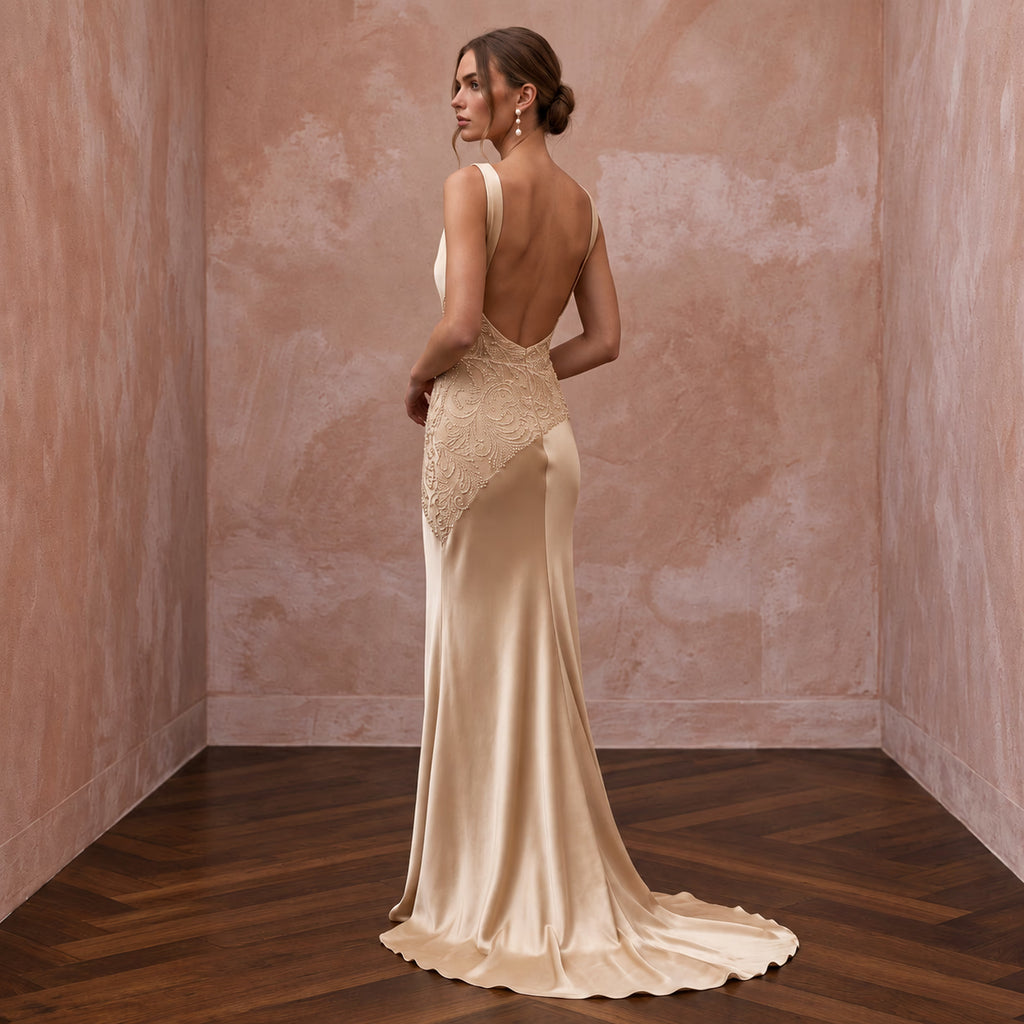 Champagne Liquid Satin Cowl Neck Bias Cut Slip Bridal Gown