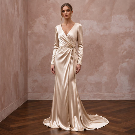 Champagne Liquid Satin Long Sleeve Wrap Wedding Gown