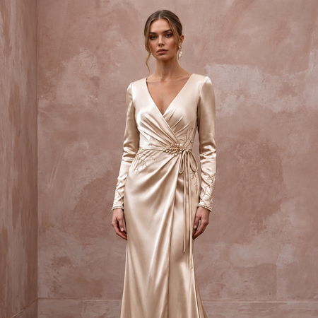 Champagne Liquid Satin Long Sleeve Wrap Wedding Gown