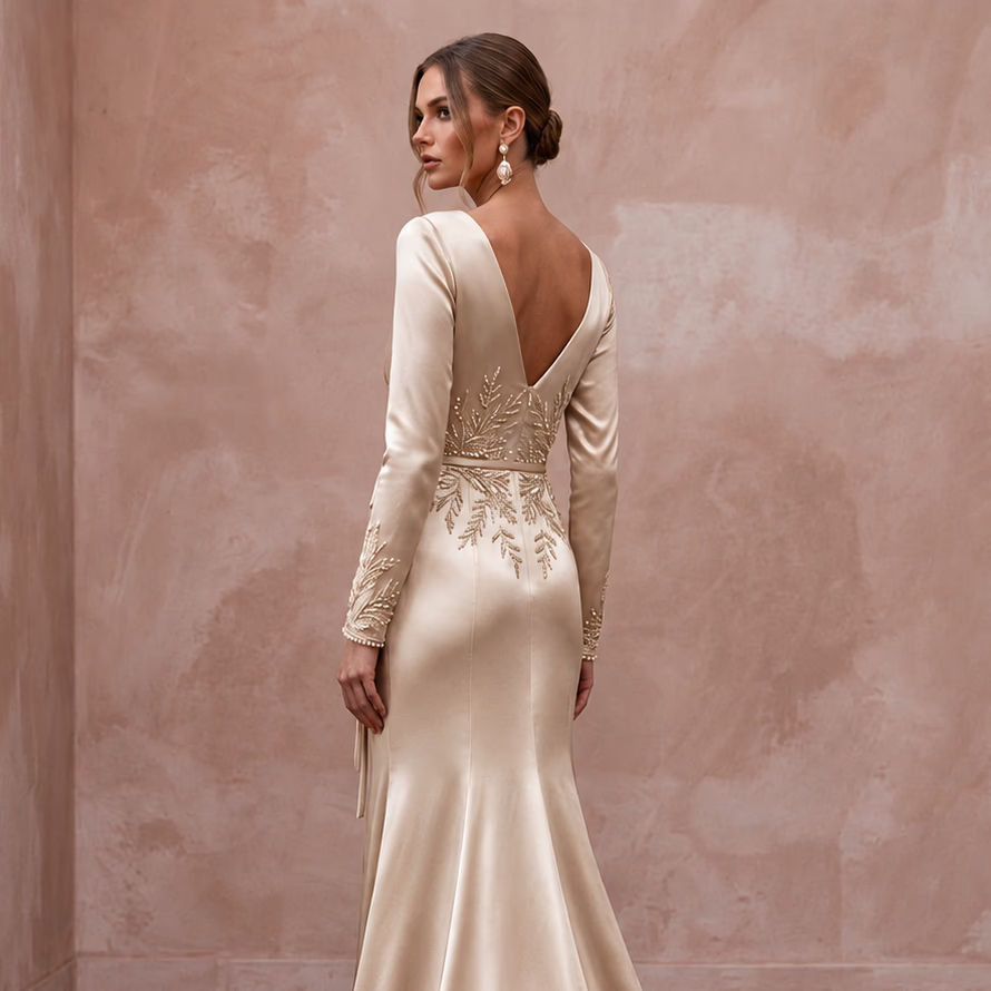Champagne Liquid Satin Long Sleeve Wrap Wedding Gown