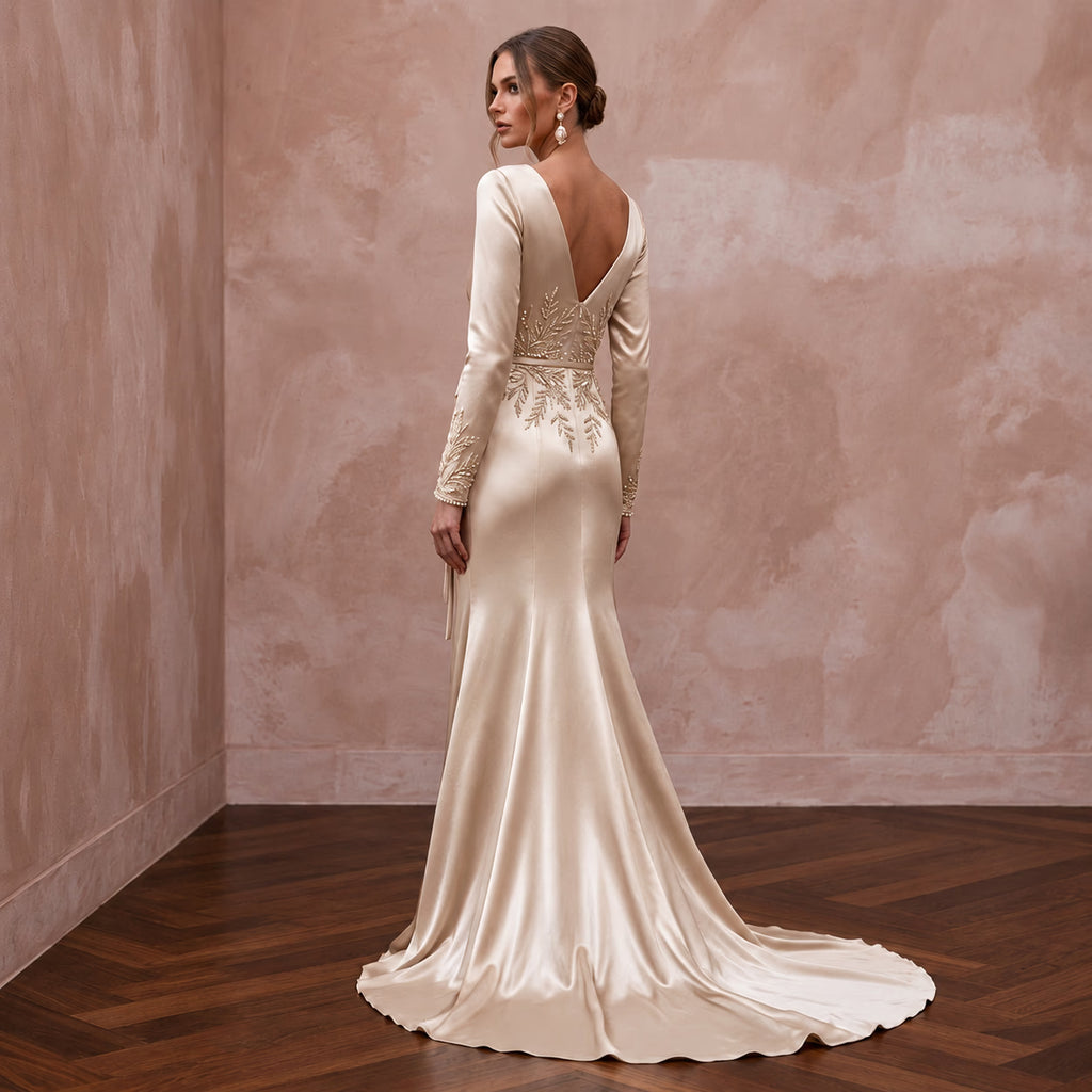 Champagne Liquid Satin Long Sleeve Wrap Wedding Gown