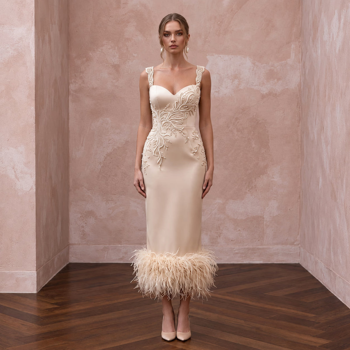 Champagne Matte Satin Midi Dress with Ostrich Feather Trim Hem Main image