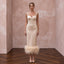 Champagne Matte Satin Midi Dress with Ostrich Feather Trim Hem