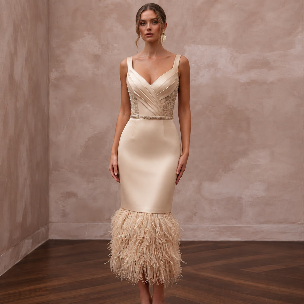 Champagne Matte Satin Midi Dress with Ostrich Feather Trim Hem Main image