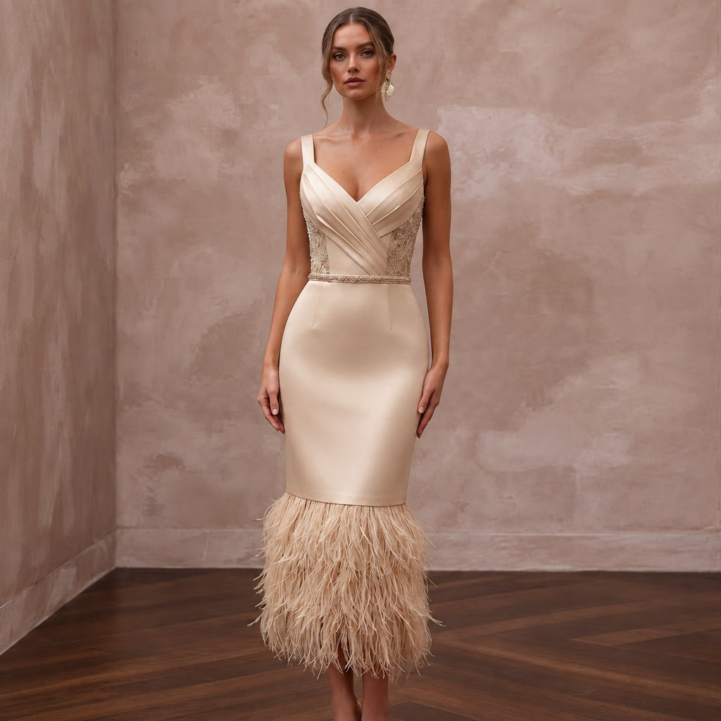 Champagne Matte Satin Midi Dress with Ostrich Feather Trim Hem