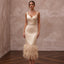 Champagne Matte Satin Midi Dress with Ostrich Feather Trim Hem