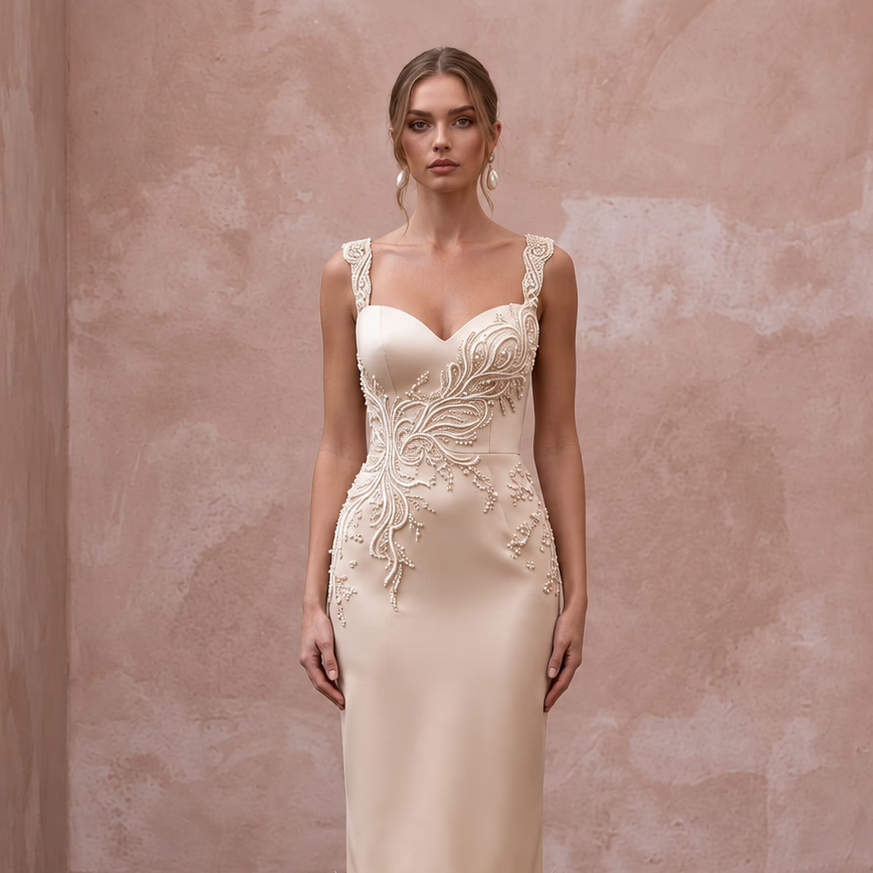 Champagne Matte Satin Midi Dress with Ostrich Feather Trim Hem