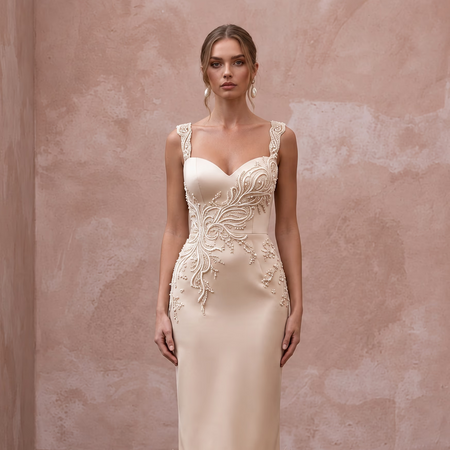 Champagne Matte Satin Midi Dress with Ostrich Feather Trim Hem