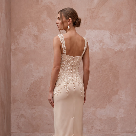 Champagne Matte Satin Midi Dress with Ostrich Feather Trim Hem