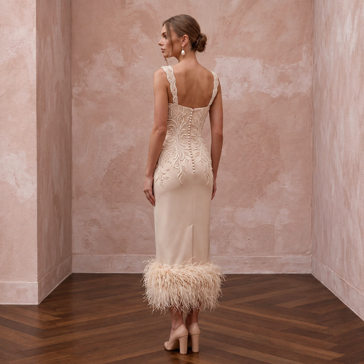 Champagne Matte Satin Midi Dress with Ostrich Feather Trim Hem Secondary image