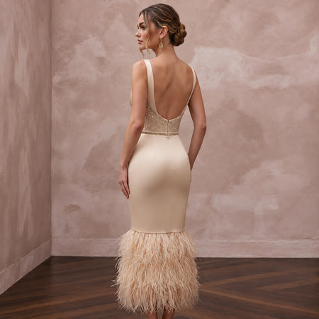 Champagne Matte Satin Midi Dress with Ostrich Feather Trim Hem