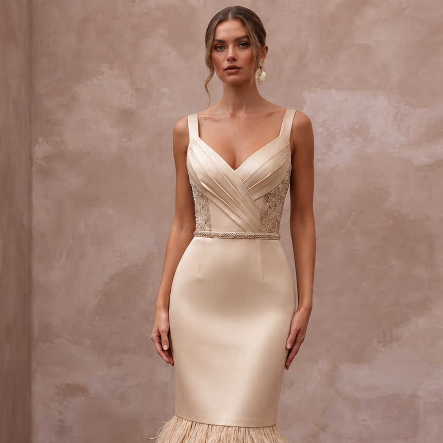 Champagne Matte Satin Midi Dress with Ostrich Feather Trim Hem