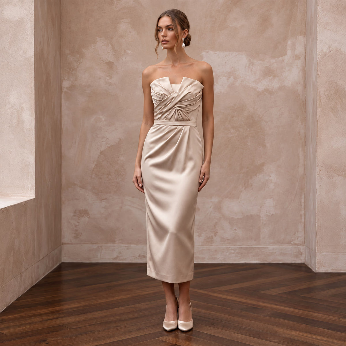 Champagne Matte Satin Midi Dress with Ruched Bodice Detail Main image