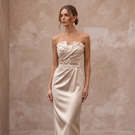 Champagne Matte Satin Midi Dress with Ruched Bodice Detail