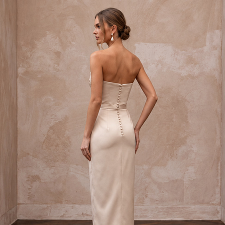 Champagne Matte Satin Midi Dress with Ruched Bodice Detail