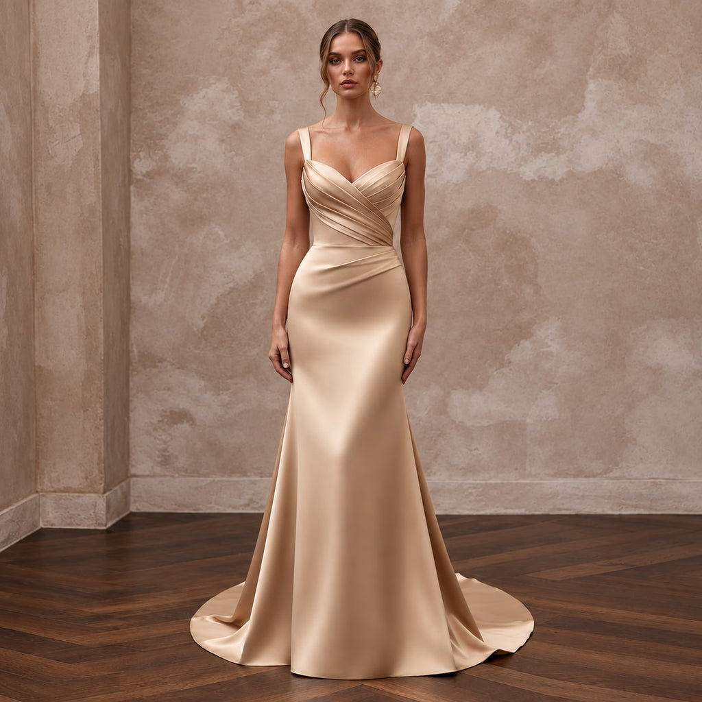 Champagne Matte Satin Ruched Bodice Fit-and-Flare Bridal Dress