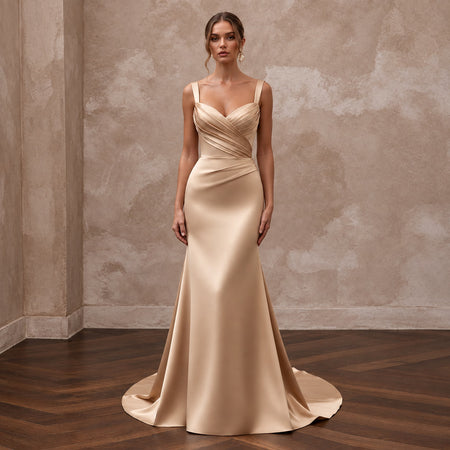 Champagne Matte Satin Ruched Bodice Fit-and-Flare Bridal Dress