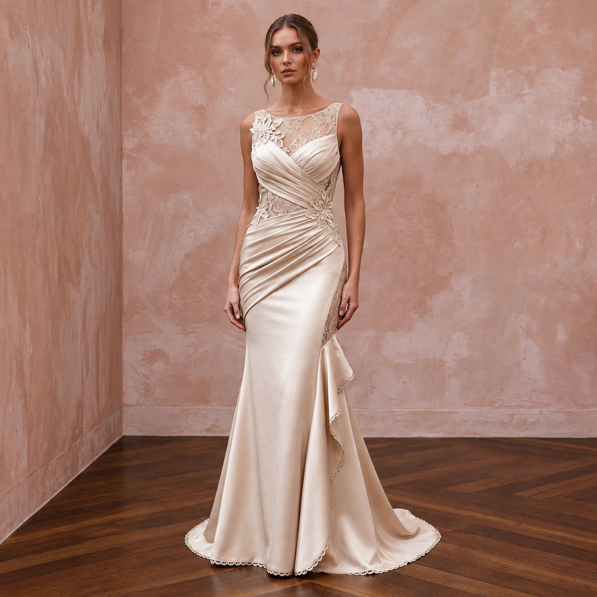 Champagne Matte Satin Ruched Bodice Fit-and-Flare Bridal Dress Main image