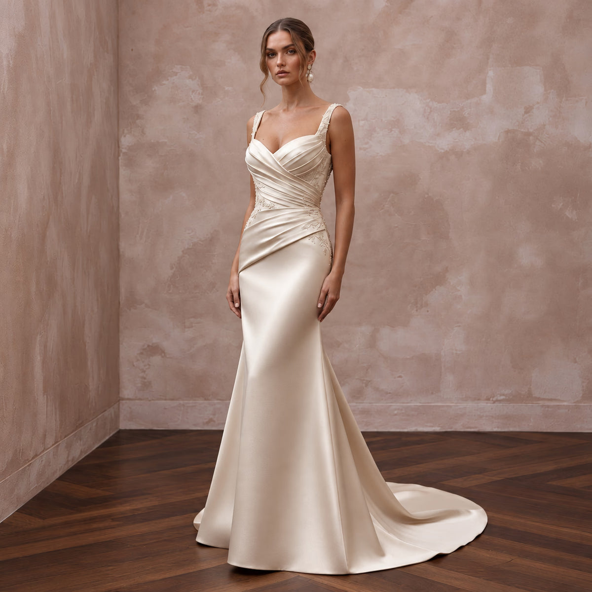 Champagne Matte Satin Ruched Bodice Fit-and-Flare Bridal Dress