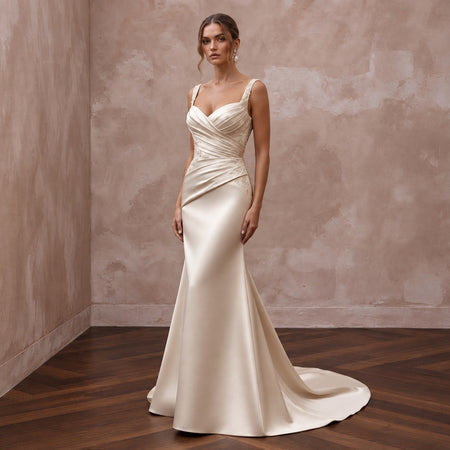 Champagne Matte Satin Ruched Bodice Fit-and-Flare Bridal Dress