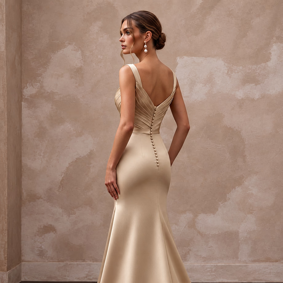 Champagne Matte Satin Ruched Bodice Fit-and-Flare Bridal Dress