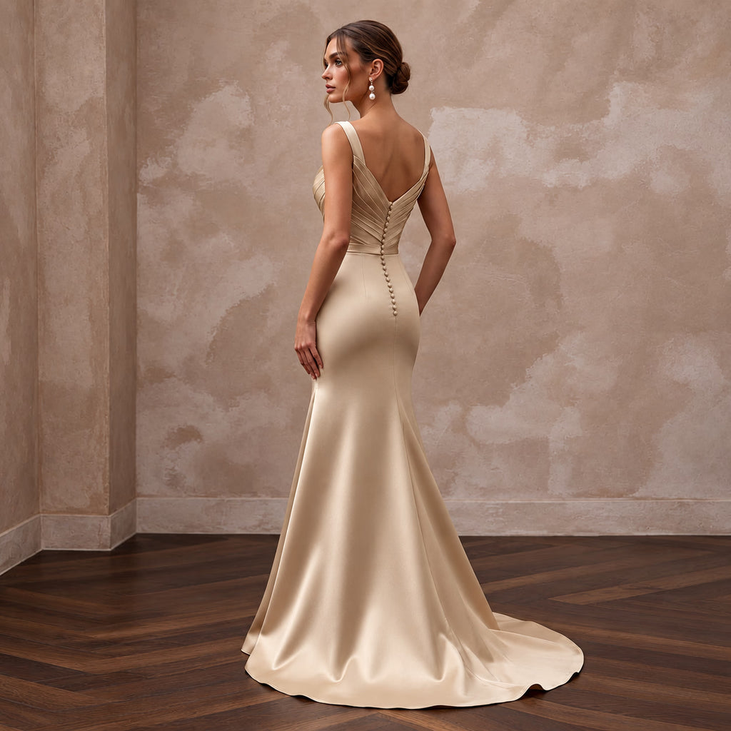 Champagne Matte Satin Ruched Bodice Fit-and-Flare Bridal Dress