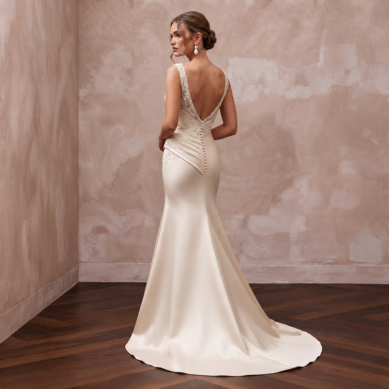 Champagne Matte Satin Ruched Bodice Fit-and-Flare Bridal Dress Secondary image