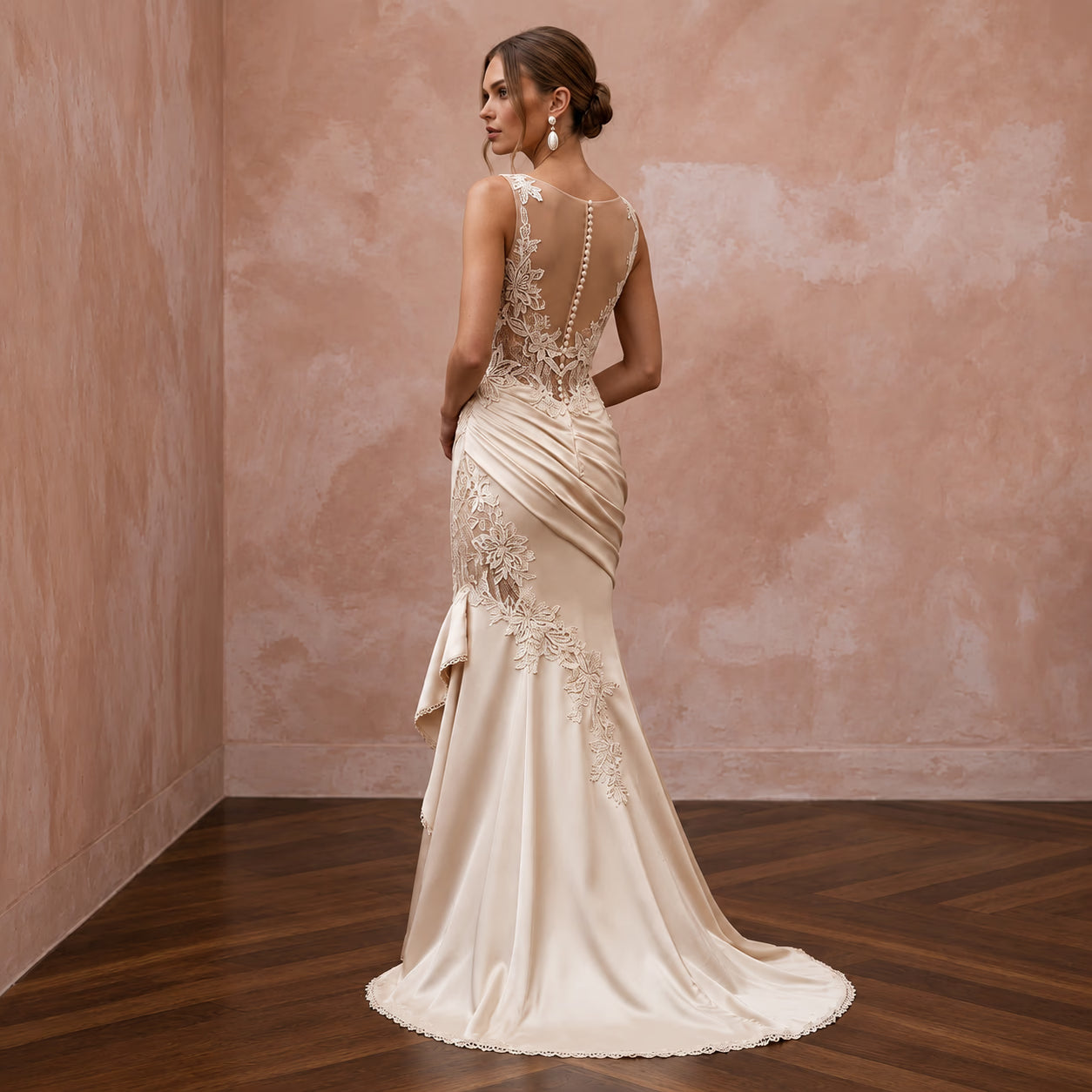 Champagne Matte Satin Ruched Bodice Fit-and-Flare Bridal Dress Secondary image