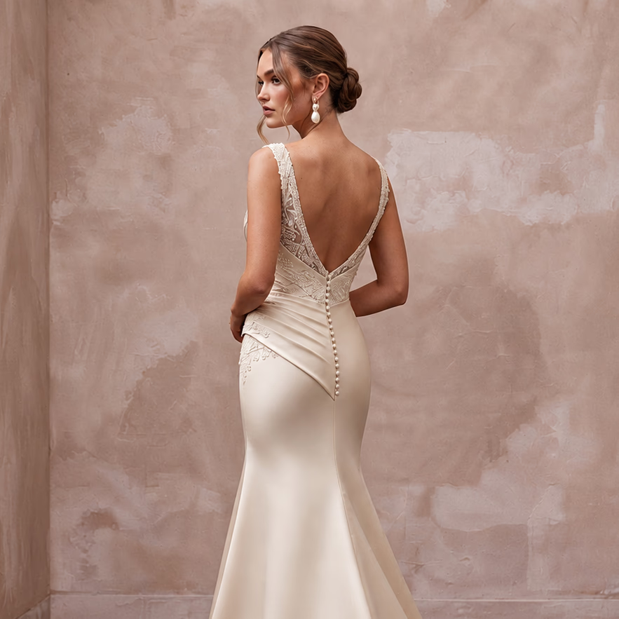 Champagne Matte Satin Ruched Bodice Fit-and-Flare Bridal Dress