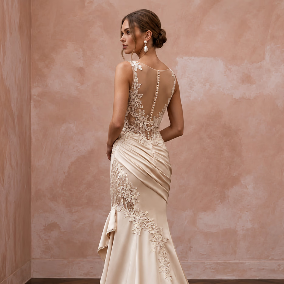 Champagne Matte Satin Ruched Bodice Fit-and-Flare Bridal Dress