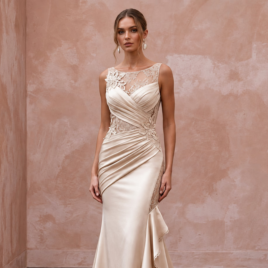 Champagne Matte Satin Ruched Bodice Fit-and-Flare Bridal Dress