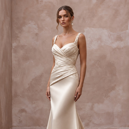 Champagne Matte Satin Ruched Bodice Fit-and-Flare Bridal Dress