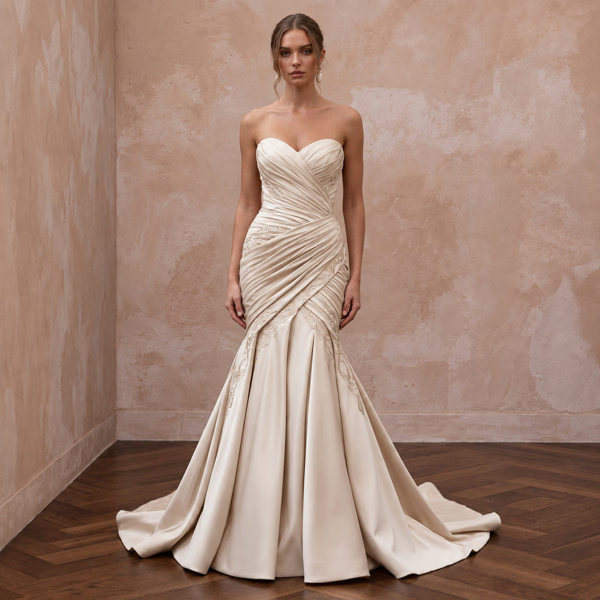 Champagne Matte Satin Ruched Bodice Strapless Fit-and-Flare Wedding Dress Main image