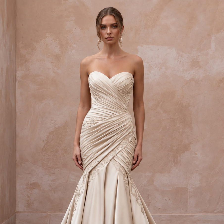 Champagne Matte Satin Ruched Bodice Strapless Fit-and-Flare Wedding Dress