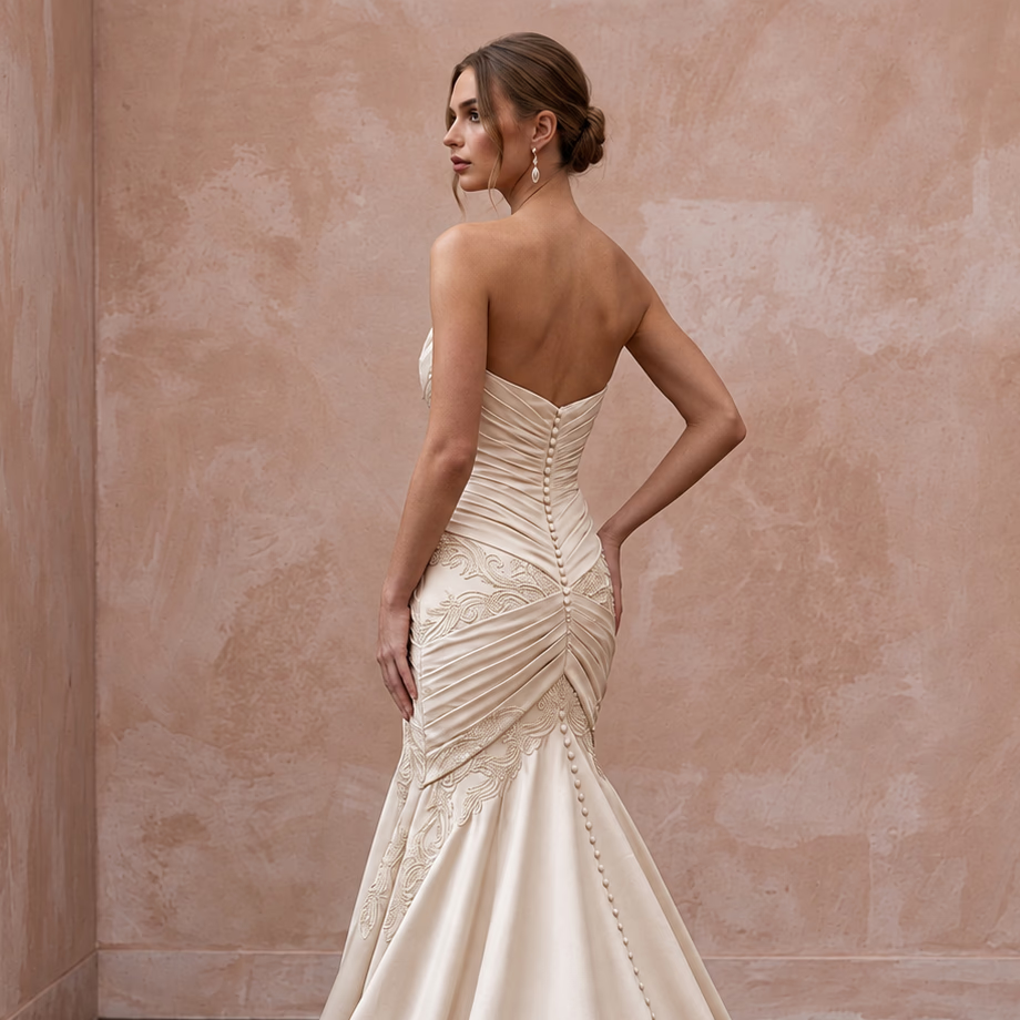 Champagne Matte Satin Ruched Bodice Strapless Fit-and-Flare Wedding Dress