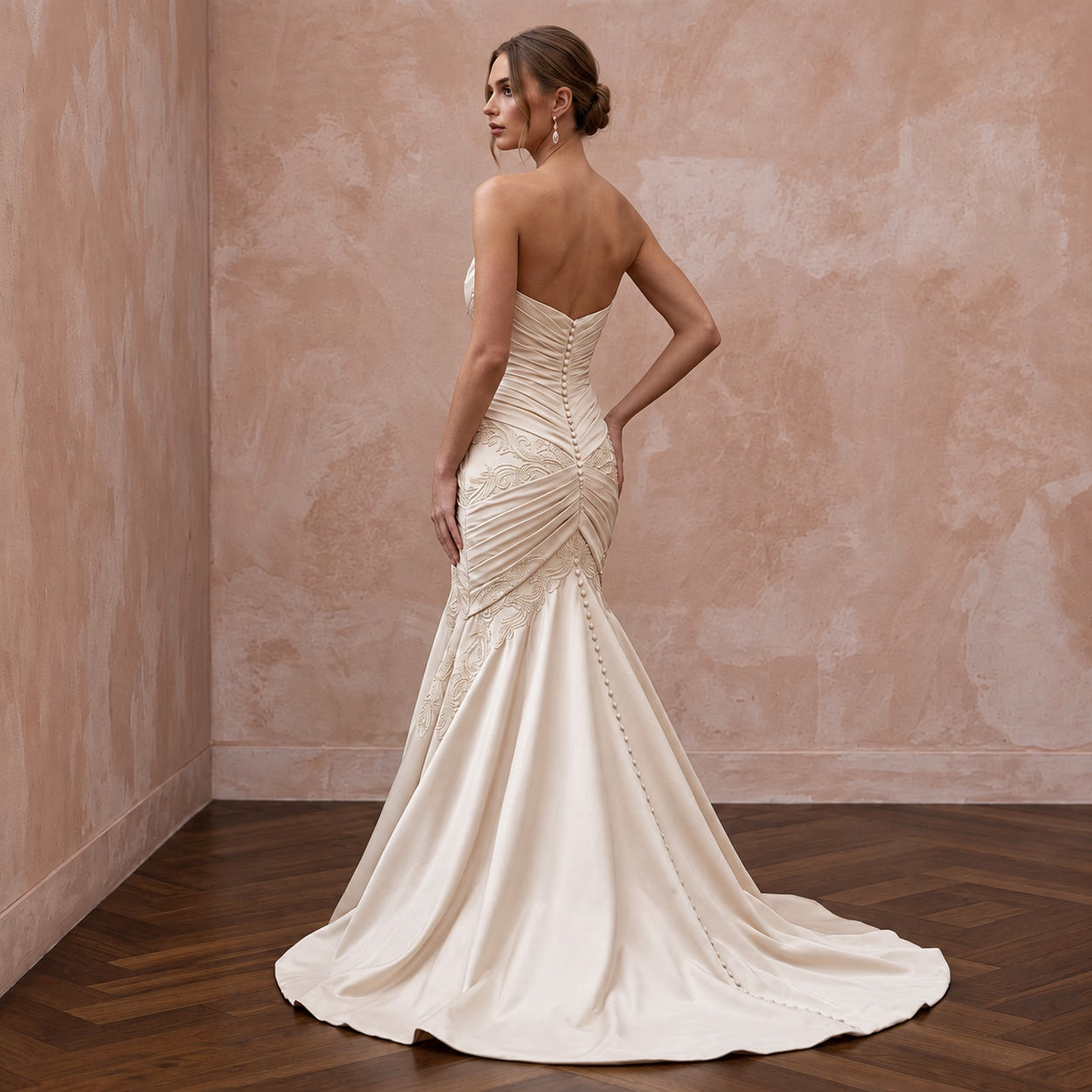 Champagne Matte Satin Ruched Bodice Strapless Fit-and-Flare Wedding Dress Secondary image