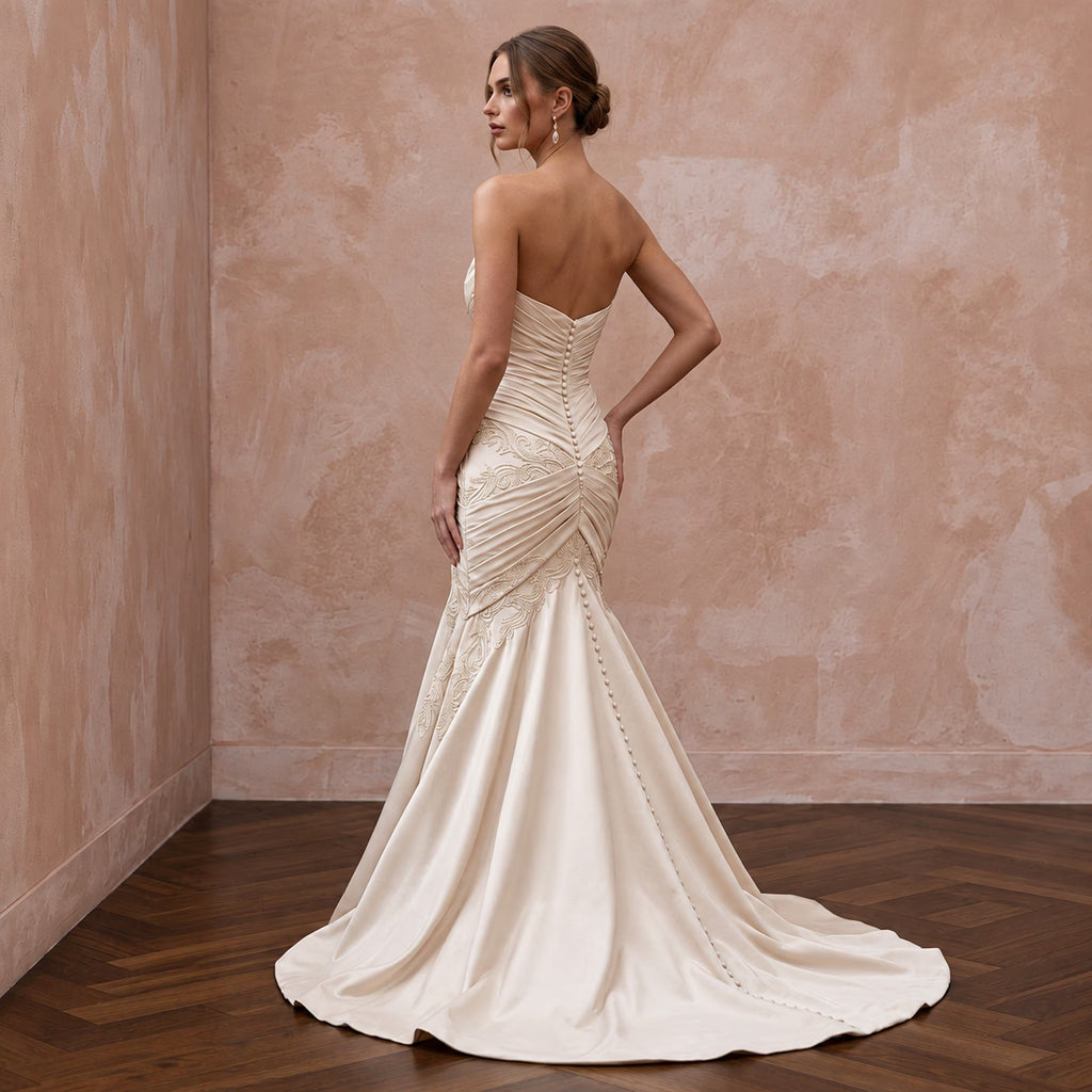 Champagne Matte Satin Ruched Bodice Strapless Fit-and-Flare Wedding Dress